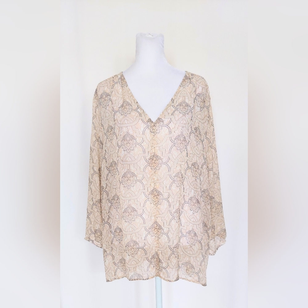 Saint Tropez West Semi Sheer Balloon Sleeve Blouse Geometric Print Tan Size XL